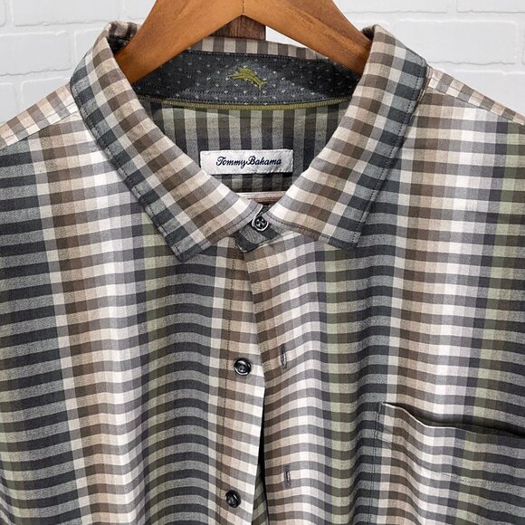 Tommy Bahama Shirt Mens 2XL Brown Gray Check Geometric Stripe Cotton Silk - Picture 2 of 10